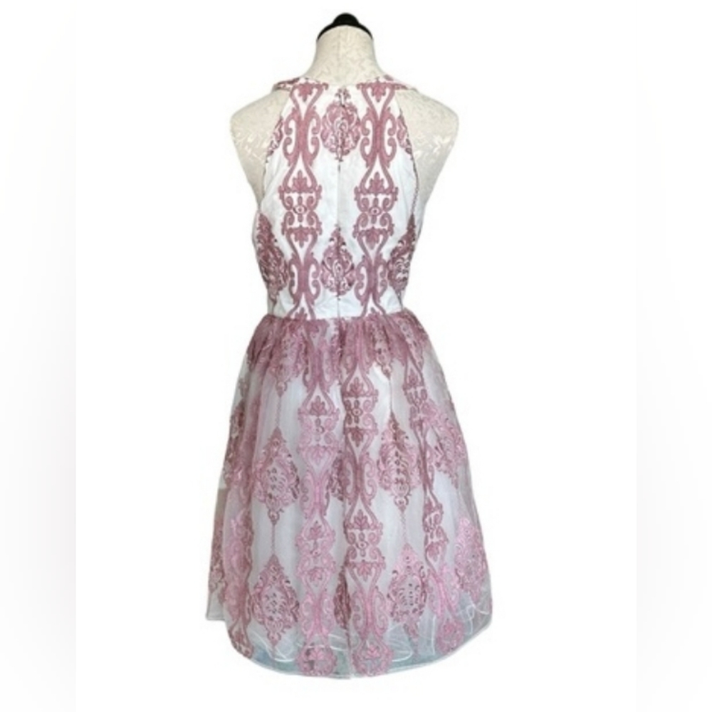 Chi Chi London NEW Pink Halter Dress Tulle Embroidered Overlay Damask Size 16 - Picture 6 of 16